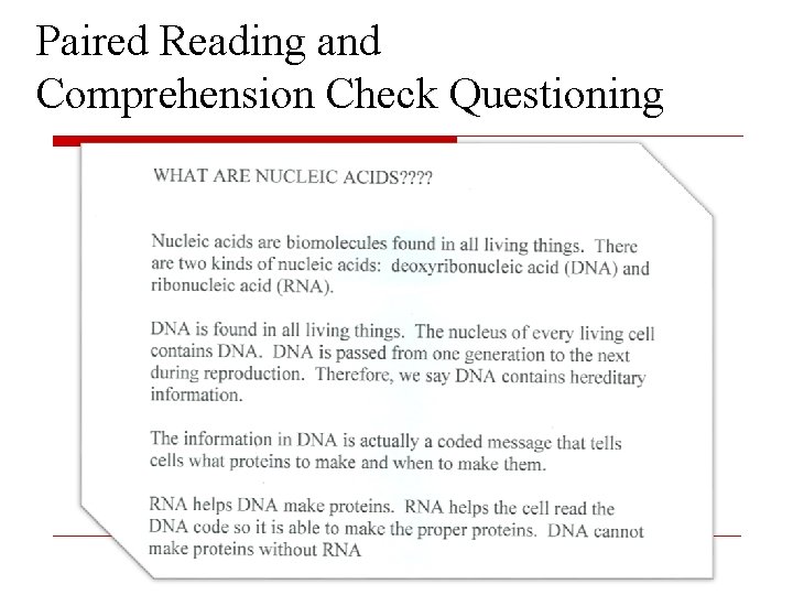 Paired Reading and Comprehension Check Questioning 