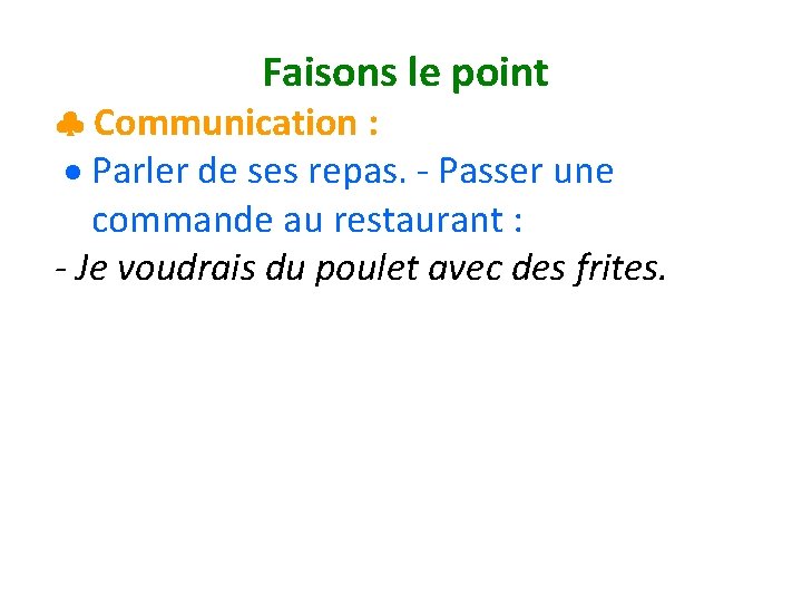 Faisons le point Communication : Parler de ses repas. - Passer une commande au