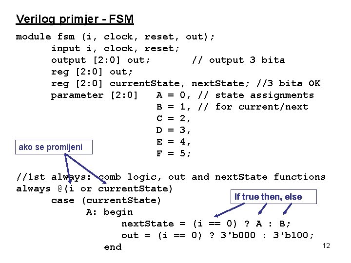 Verilog primjer - FSM module fsm (i, clock, reset, out); input i, clock, reset;