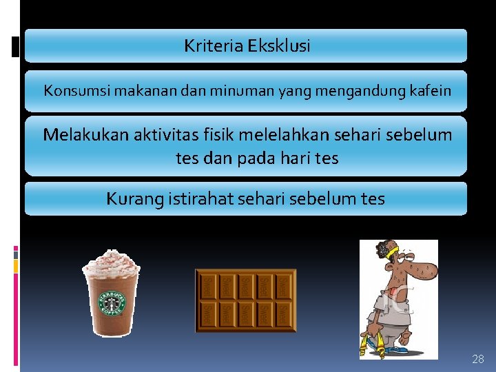 Kriteria Eksklusi Konsumsi makanan dan minuman yang mengandung kafein Melakukan aktivitas fisik melelahkan sehari