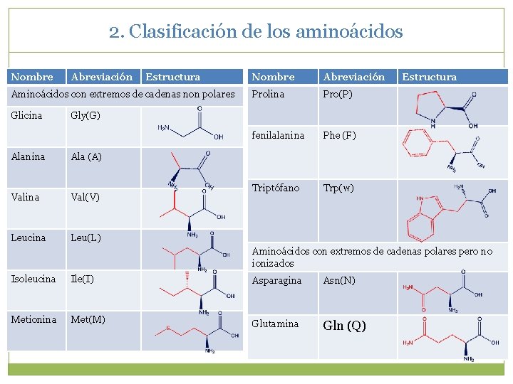 2. Clasificación de los aminoácidos Nombre Abreviación Estructura Aminoácidos con extremos de cadenas non
