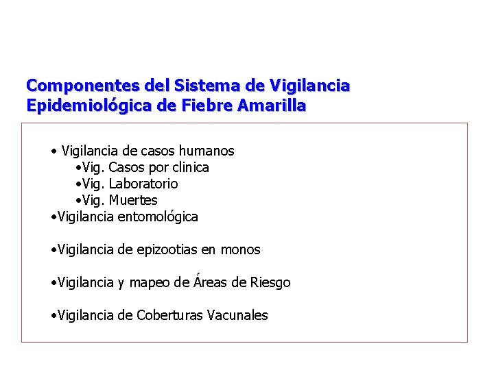 Componentes del Sistema de Vigilancia Epidemiológica de Fiebre Amarilla • Vigilancia de casos humanos