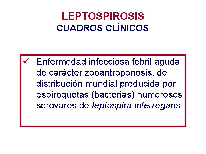 LEPTOSPIROSIS CUADROS CLÍNICOS ü Enfermedad infecciosa febril aguda, de carácter zooantroponosis, de distribución mundial