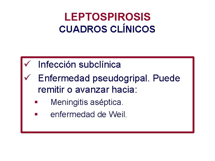 LEPTOSPIROSIS CUADROS CLÍNICOS ü Infección subclínica ü Enfermedad pseudogripal. Puede remitir o avanzar hacia: