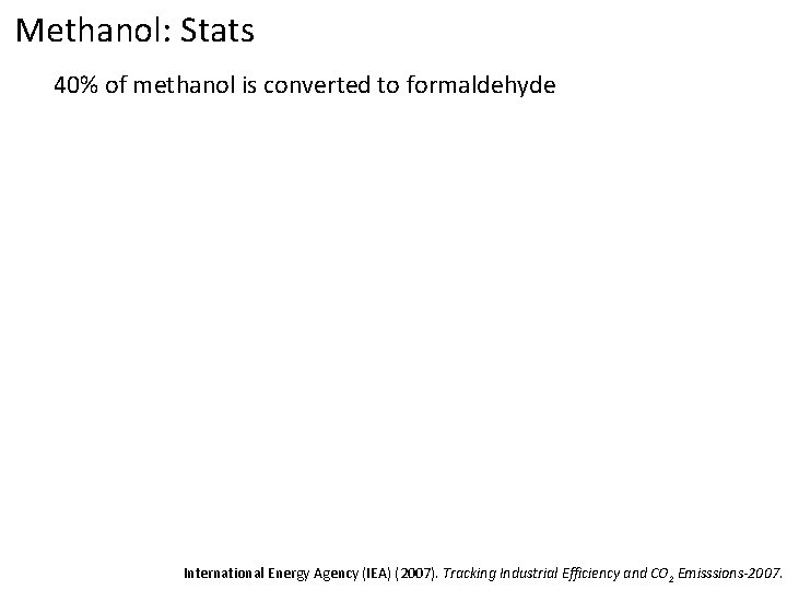 Methanol: Stats 40% of methanol is converted to formaldehyde International Energy Agency (IEA) (2007).