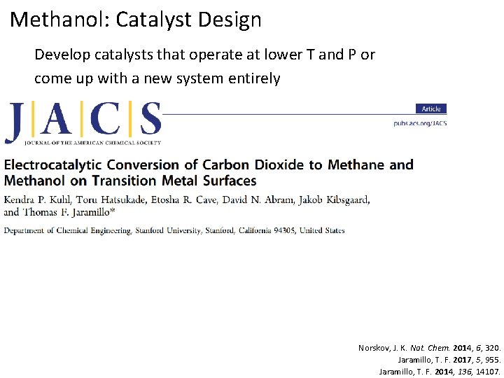 Methanol: Catalyst Design Develop catalysts that operate at lower T and P or come