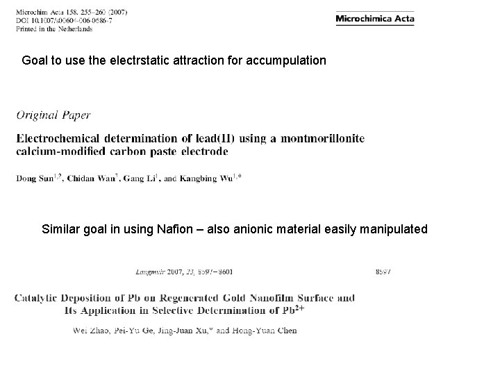 Goal to use the electrstatic attraction for accumpulation Similar goal in using Nafion – Goal to use the electrstatic attraction for accumpulation Similar goal in using Nafion –