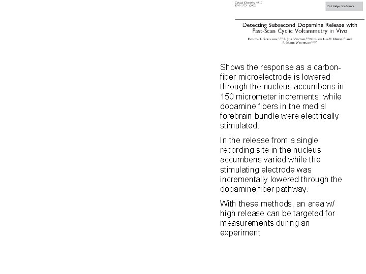 Shows the response as a carbonfiber microelectrode is lowered through the nucleus accumbens in Shows the response as a carbonfiber microelectrode is lowered through the nucleus accumbens in