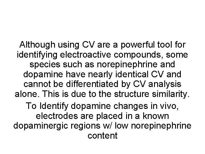 Although using CV are a powerful tool for identifying electroactive compounds, some species such Although using CV are a powerful tool for identifying electroactive compounds, some species such