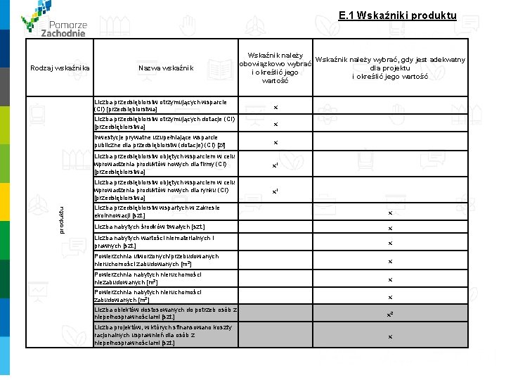  E. 1 Wskaźniki produktu Rodzaj wskaźnika Nazwa wskaźnik Wskaźnik należy wybrać, gdy jest