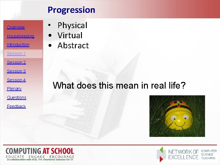 Progression Overview Housekeeping Introduction • Physical • Virtual • Abstract Session 1 Session 2