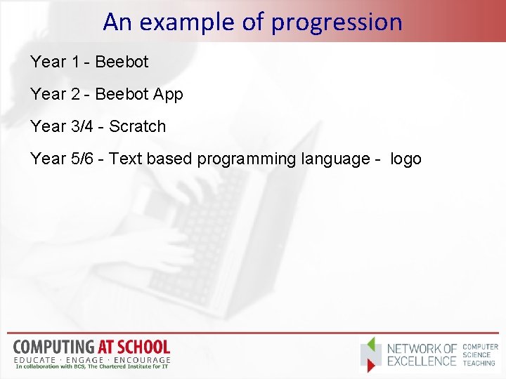 An example of progression Year 1 - Beebot Year 2 - Beebot App Year