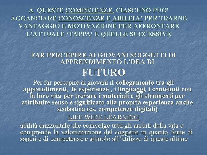 A QUESTE COMPETENZE, CIASCUNO PUO’ AGGANCIARE CONOSCENZE E ABILITA’ PER TRARNE VANTAGGIO E MOTIVAZIONE