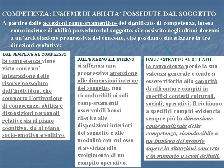 COMPETENZA: INSIEME DI ABILITA’ POSSEDUTE DAL SOGGETTO A partire dalle accezioni comportamentiste del significato