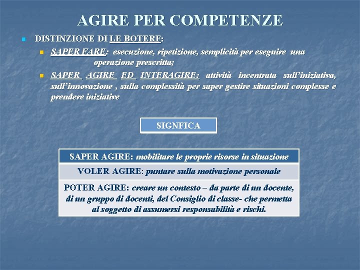 AGIRE PER COMPETENZE n DISTINZIONE DI LE BOTERF: n SAPER FARE: esecuzione, ripetizione, semplicità