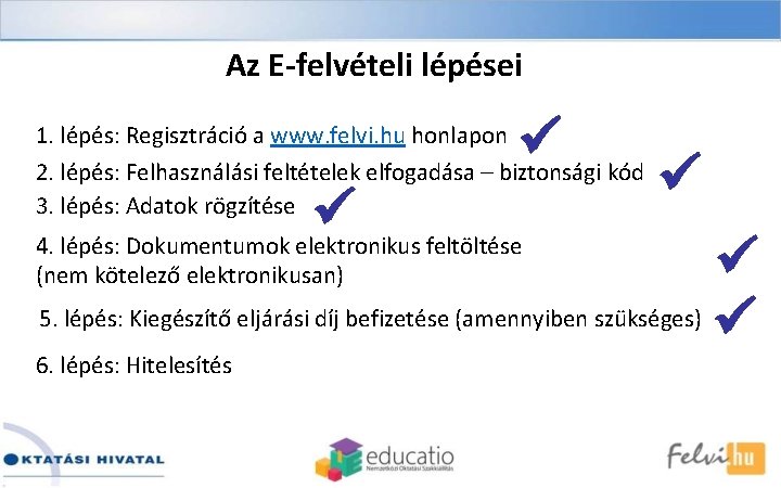 Az E-felvételi lépései 1. lépés: Regisztráció a www. felvi. hu honlapon 2. lépés: Felhasználási