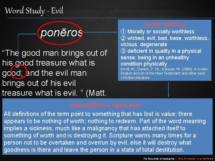 Word Study - Evil ponēros Greek Meaning ① Morally or socially worthless ② wicked,