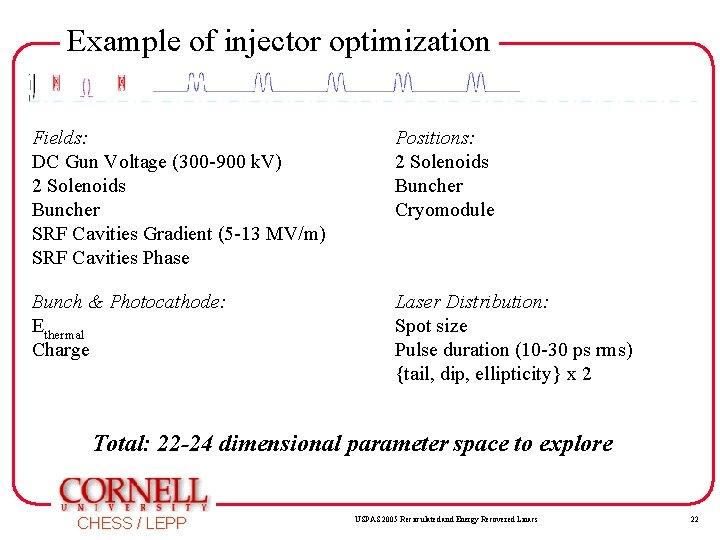 Example of injector optimization Fields: DC Gun Voltage (300 -900 k. V) 2 Solenoids