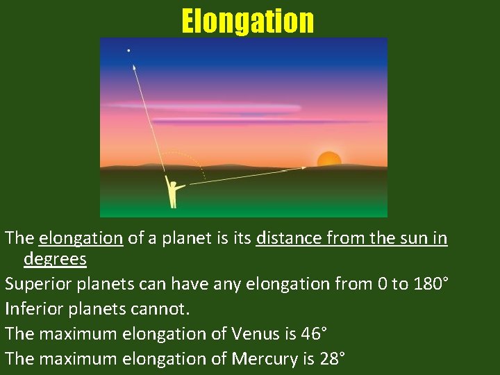 Elongation The elongation of a planet is its distance from the sun in degrees