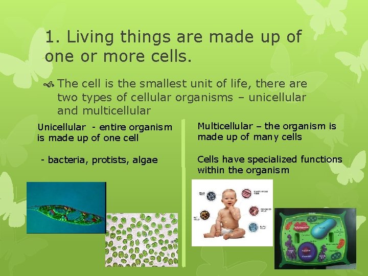 1. Living things are made up of one or more cells. The cell is
