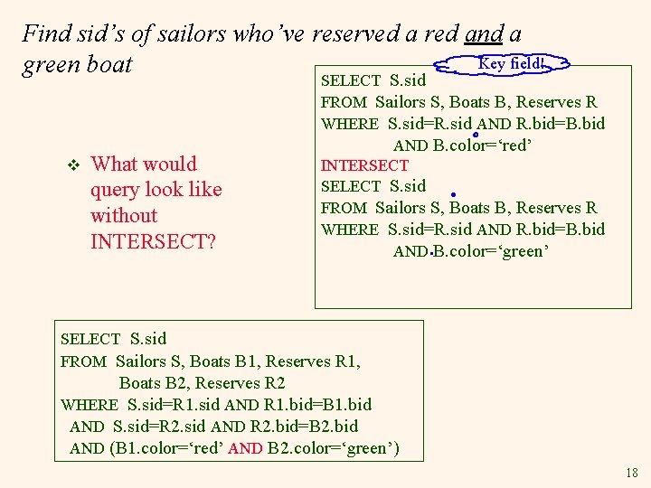 Find sid’s of sailors who’ve reserved a red and a Key field! green boat