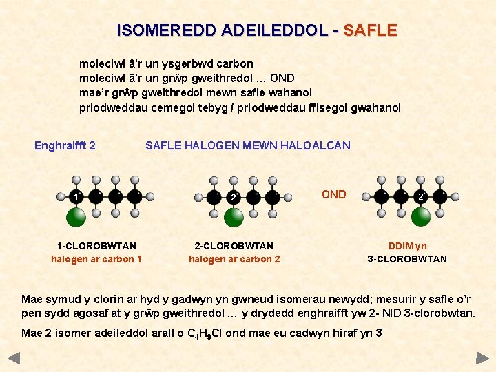 ISOMEREDD ADEILEDDOL - SAFLE moleciwl â’r un ysgerbwd carbon moleciwl â’r un grŵp gweithredol