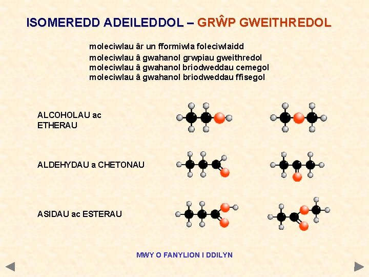 ISOMEREDD ADEILEDDOL – GRŴP GWEITHREDOL moleciwlau âr un fformiwla foleciwlaidd moleciwlau â gwahanol grwpiau