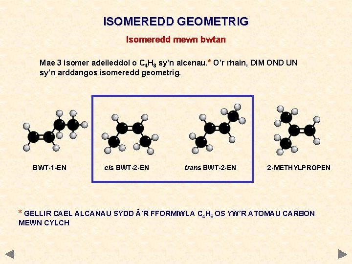 ISOMEREDD GEOMETRIG Isomeredd mewn bwtan Mae 3 isomer adeileddol o C 4 H 8
