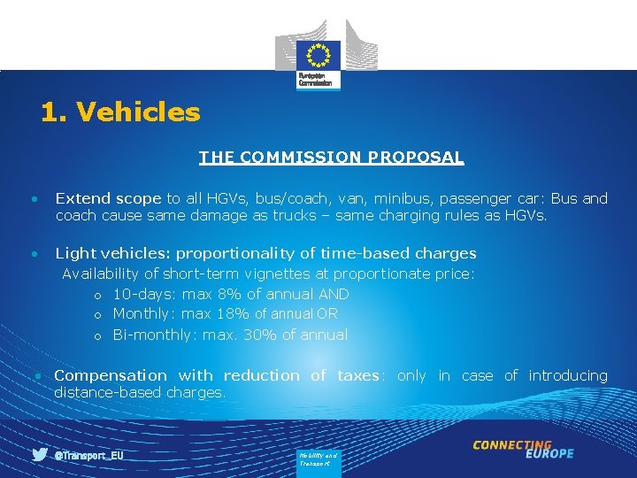 1. Vehicles THE COMMISSION PROPOSAL • Extend scope to all HGVs, bus/coach, van, minibus,