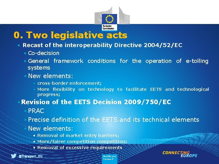 0. Two legislative acts • Recast of the interoperability Directive 2004/52/EC • Co-decision •