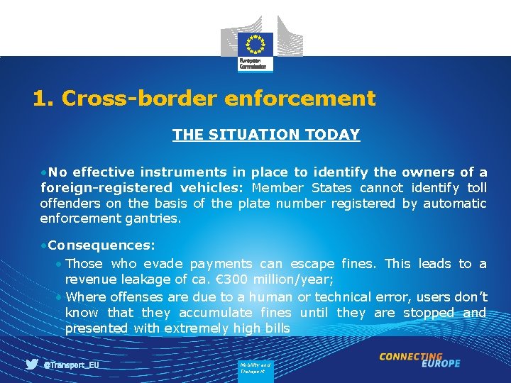 1. Cross-border enforcement THE SITUATION TODAY • No effective instruments in place to identify
