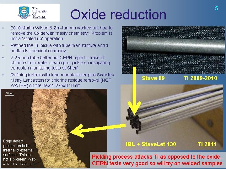 Oxide reduction • 2010 Martin Wilson & Zhi-Jun Xin worked out how to remove