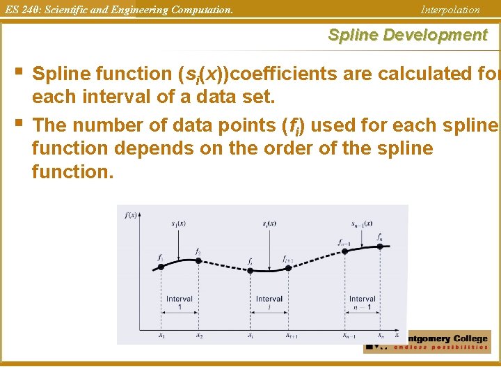 ES 240: Scientific and Engineering Computation. Interpolation Spline Development § § Spline function (si(x))coefficients