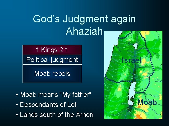 God’s Judgment again Ahaziah 1 Kings 2: 1 Political judgment Israel Moab rebels •