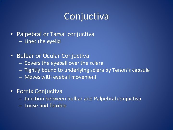 Conjuctiva • Palpebral or Tarsal conjuctiva – Lines the eyelid • Bulbar or Ocular