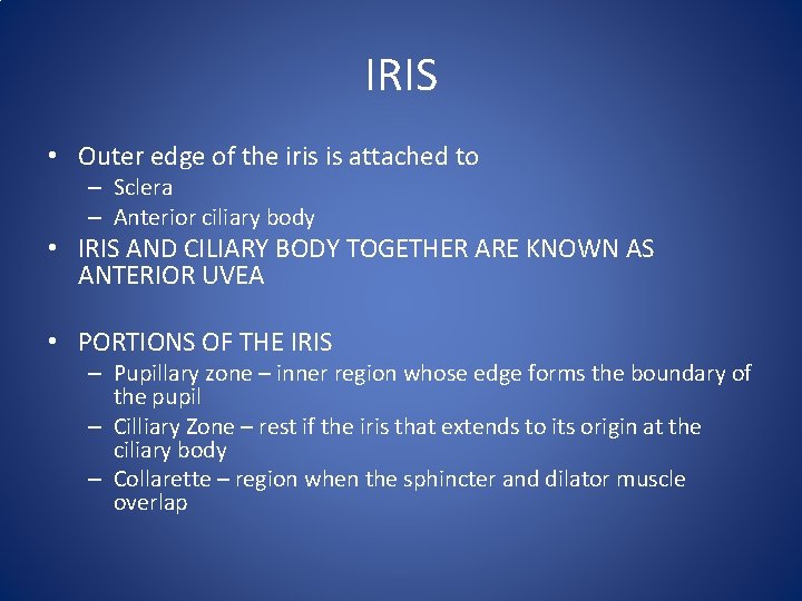 IRIS • Outer edge of the iris is attached to – Sclera – Anterior