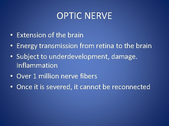 OPTIC NERVE • Extension of the brain • Energy transmission from retina to the