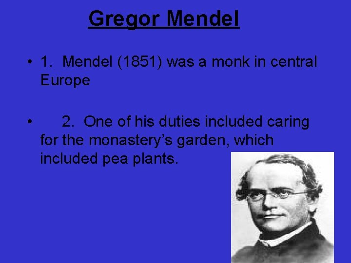 Gregor Mendel • 1. Mendel (1851) was a monk in central Europe • 2.