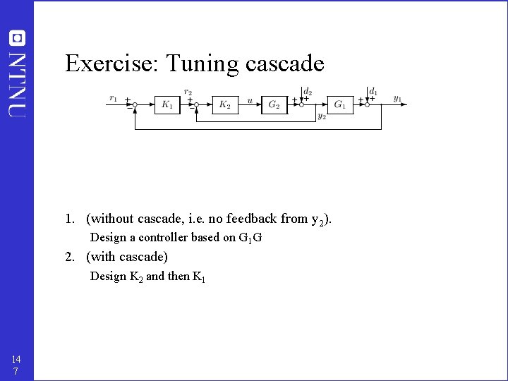 Exercise: Tuning cascade 1. (without cascade, i. e. no feedback from y 2). Design