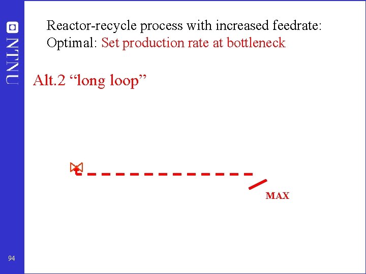 Reactor-recycle process with increased feedrate: Optimal: Set production rate at bottleneck Alt. 2 “long