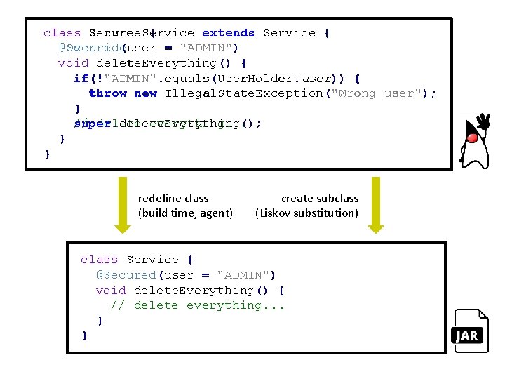 class Secured. Service { extends Service { @Override @Secured(user = "ADMIN") void delete. Everything()