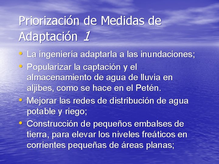 Priorización de Medidas de Adaptación 1 • La ingeniería adaptarla a las inundaciones; •