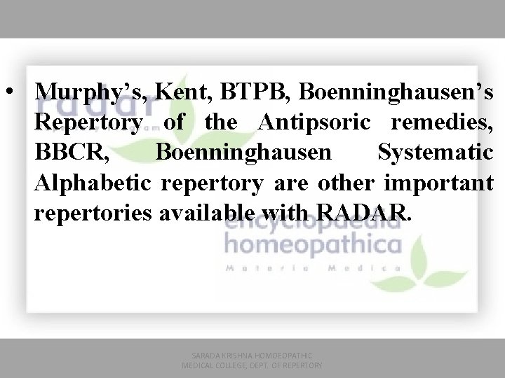  • Murphy’s, Kent, BTPB, Boenninghausen’s Repertory of the Antipsoric remedies, BBCR, Boenninghausen Systematic
