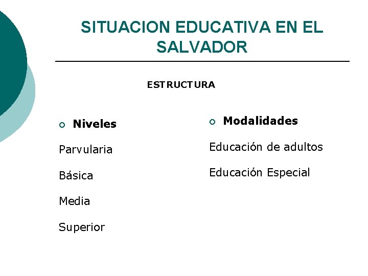 SITUACION EDUCATIVA EN EL SALVADOR ESTRUCTURA ¡ Niveles ¡ Modalidades Parvularia Educación de adultos