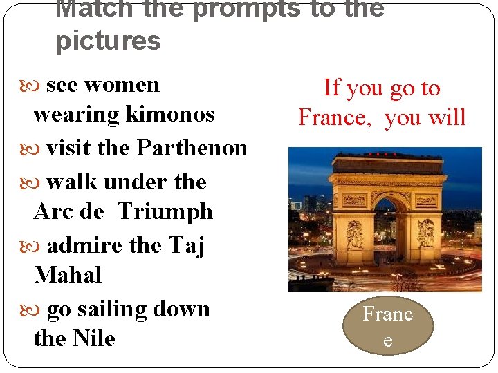 Match the prompts to the pictures see women wearing kimonos visit the Parthenon walk