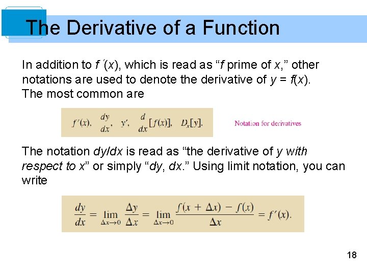 The Derivative of a Function In addition to f ′(x), which is read as