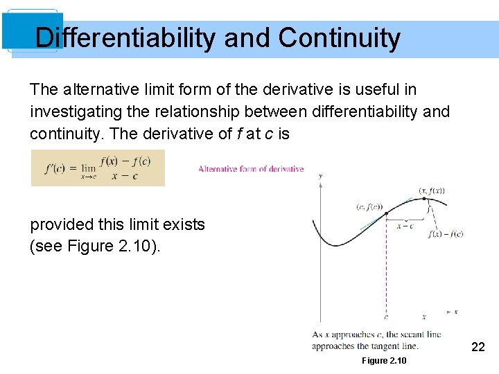 Differentiability and Continuity The alternative limit form of the derivative is useful in investigating