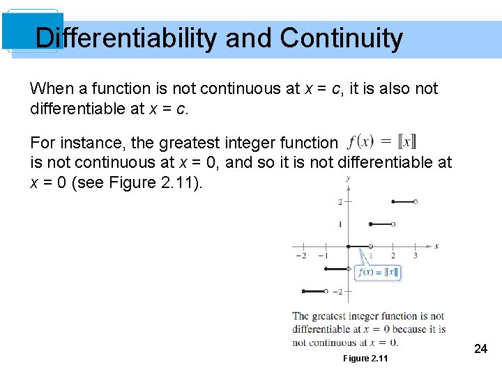 Differentiability and Continuity When a function is not continuous at x = c, it