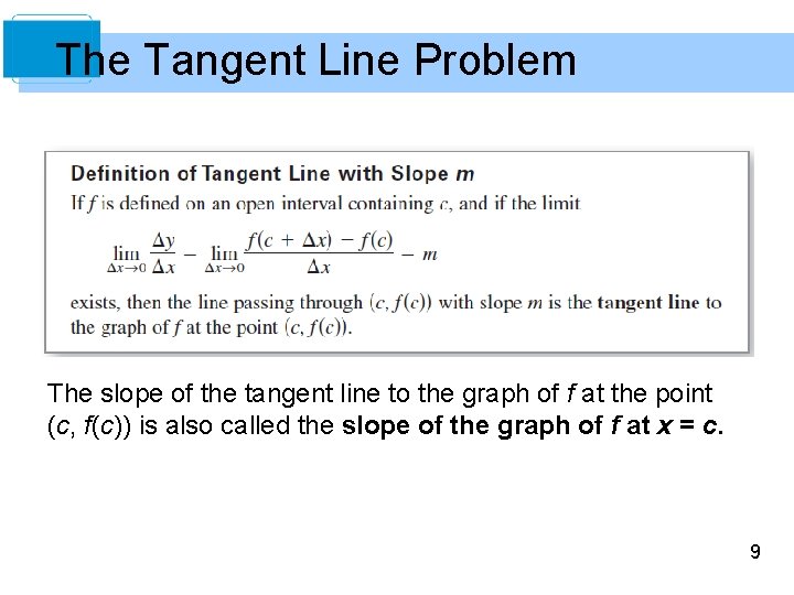 The Tangent Line Problem The slope of the tangent line to the graph of