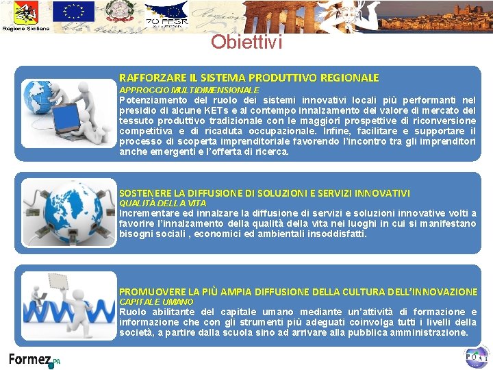 Obiettivi RAFFORZARE IL SISTEMA PRODUTTIVO REGIONALE APPROCCIO MULTIDIMENSIONALE Potenziamento del ruolo dei sistemi innovativi